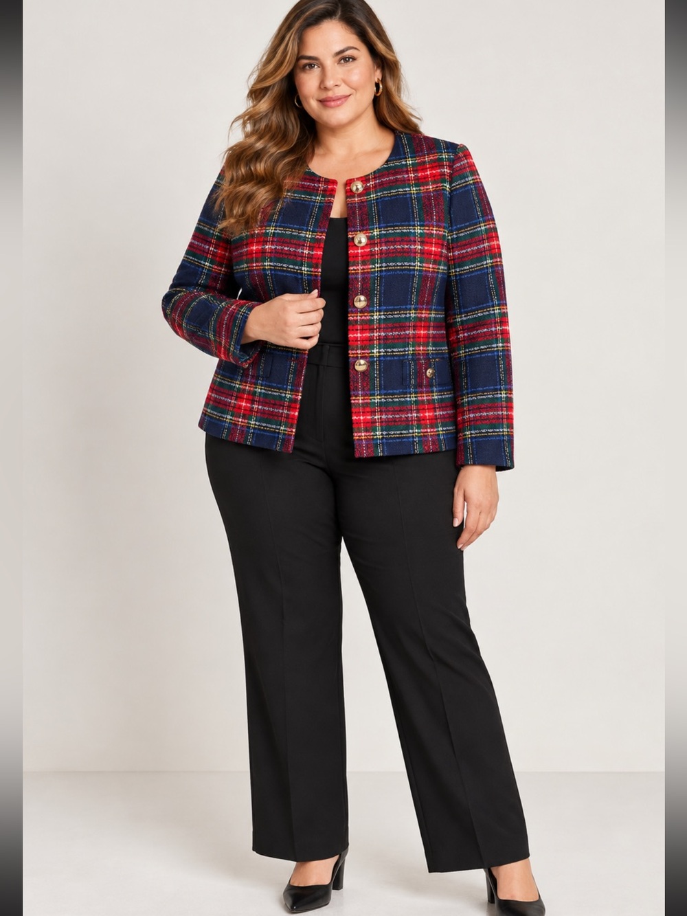 Talbots tweed glee red Navy Plaid Collarless Jacket gold buttons size 12 p